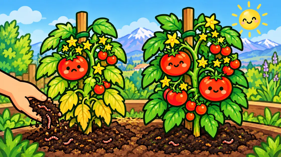 Planta con hojas amarillas por falta de nutrientes y la misma sana después de abonar con compost
