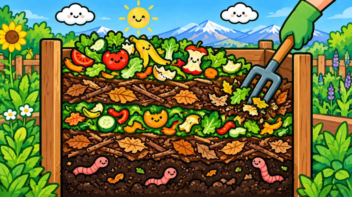 Compostera por dentro: capas de restos verdes y de hojas secas, y se revuelve con horqueta