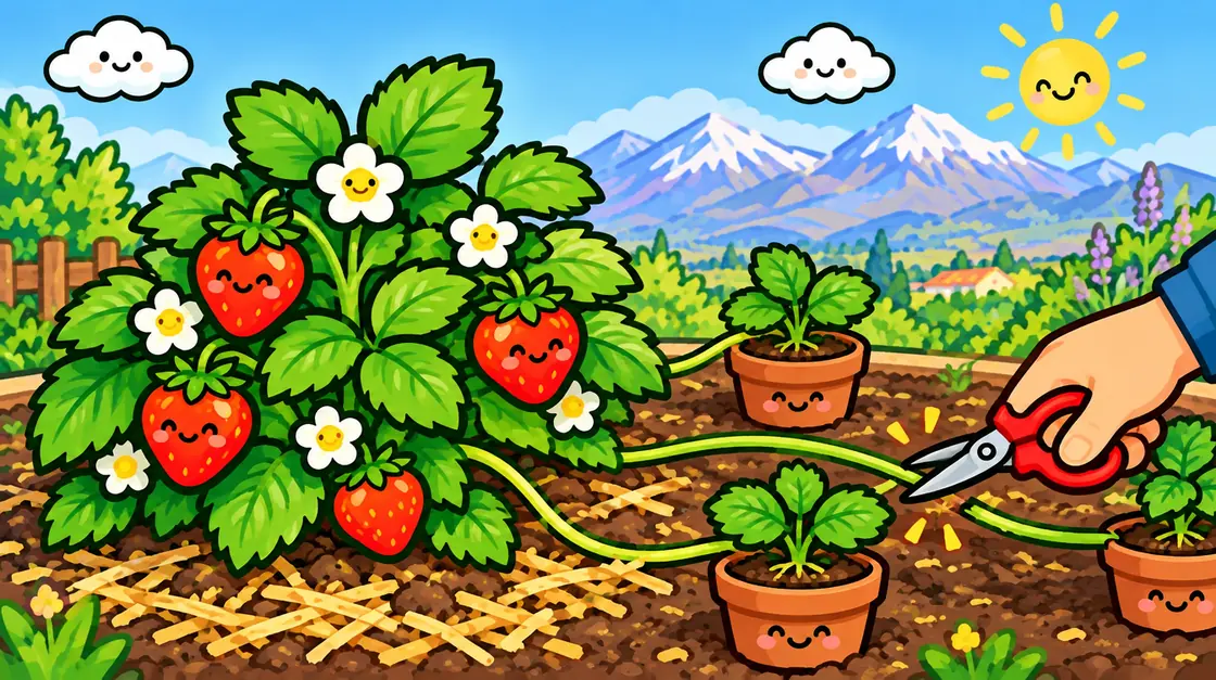 Estolones de la frutilla: las plantitas hijas enraízan en macetas y se corta el estolón
