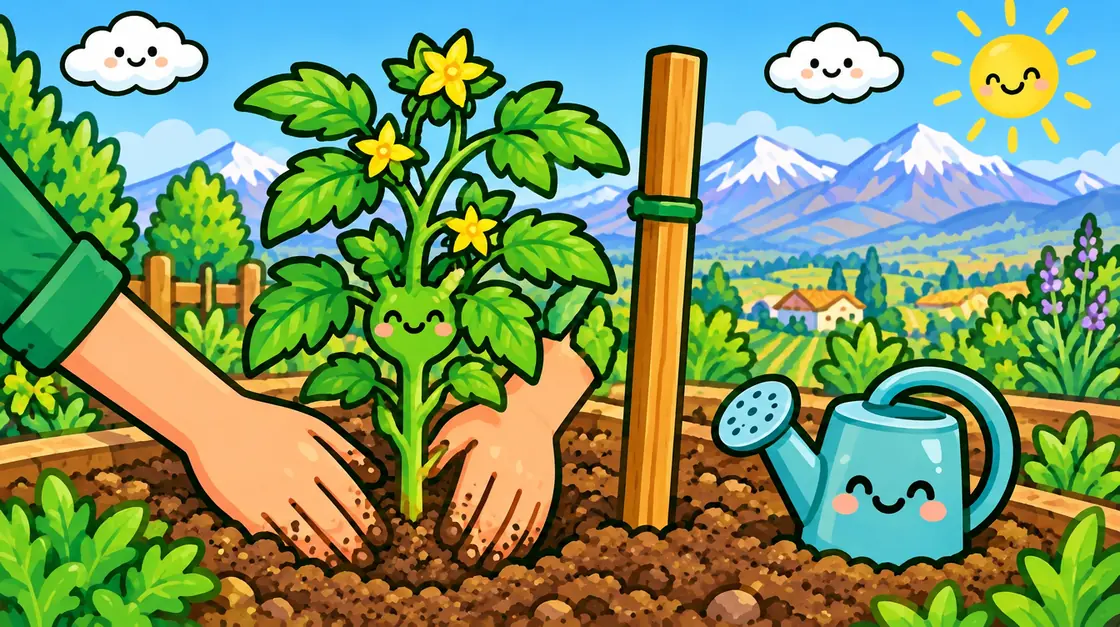 Cómo plantar un plantín de tomate: enterrar parte del tallo, con el tutor puesto al lado